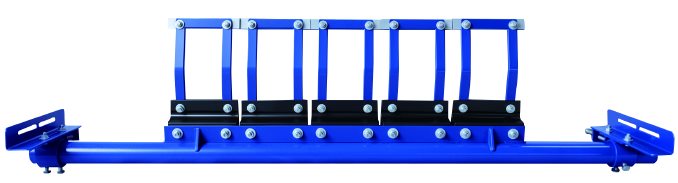 Belt cleaner with a row of carbide blades on individual holders, mounted on a blue cross-bar