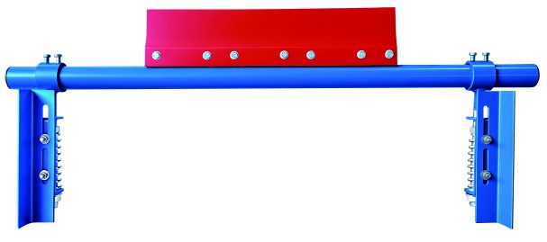Belt cleaner with a red blade on a blue cross-bar and two vertical brackets