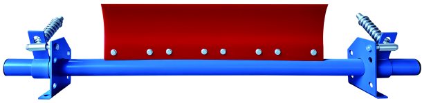 Belt cleaner with a red blade on a blue cross-bar tensioned by two springs
