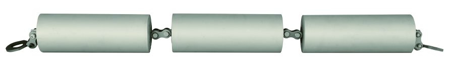 Three light grey rollers linked end to end by their shafts