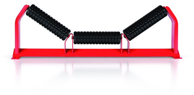 Troughing idler with a red frame fitted with rubber-ring rollers
