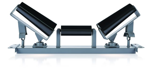 Troughing idler with a grey frame: three black rollers, the wing rollers on pivoting brackets