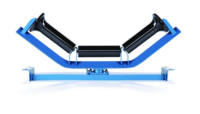 Troughing idler with a blue frame: a centre roller and two flared cone-shaped wing rollers