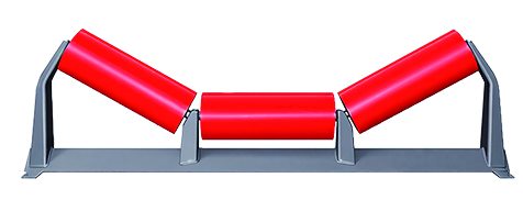 Troughing idler with a grey frame fitted with three red rollers