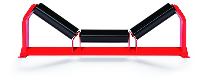 Troughing idler with a red frame fitted with three black rollers
