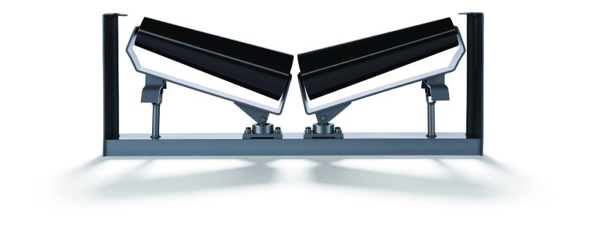 V-shaped return idler with a black frame: two black rollers on pivoting brackets