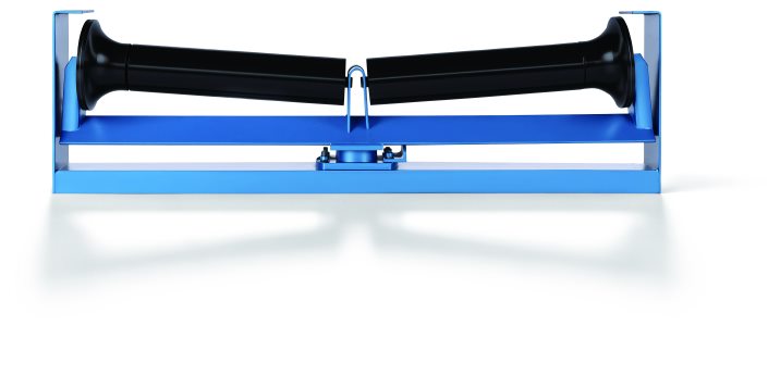 Return idler with a blue frame: two long black rollers flaring into cones at the outer ends