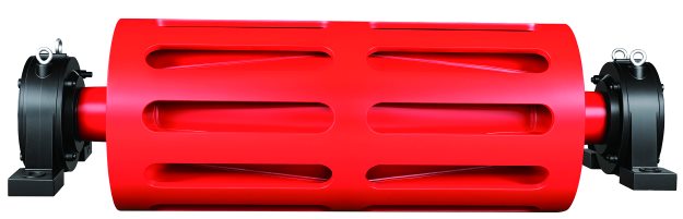 Red pulley with longitudinal slots, mounted on two bearing blocks