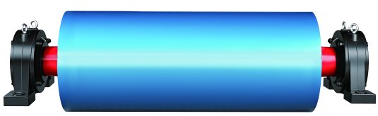 Pulley with a smooth blue shell, mounted on two bearing blocks