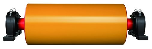 Pulley with an orange lagging, mounted on two bearing blocks