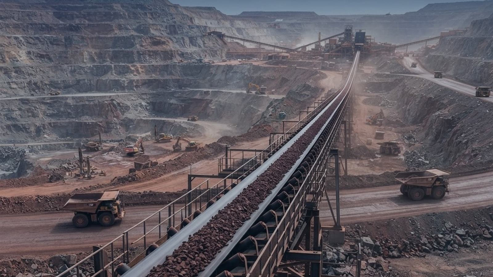 Loaded belt conveyor crossing an open-pit mine