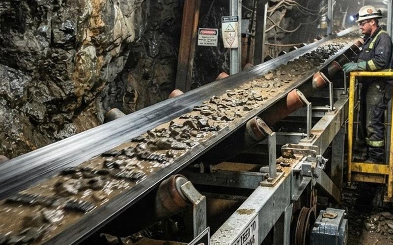 Belt loaded with rock in an underground gallery, watched by an operator in a hard hat