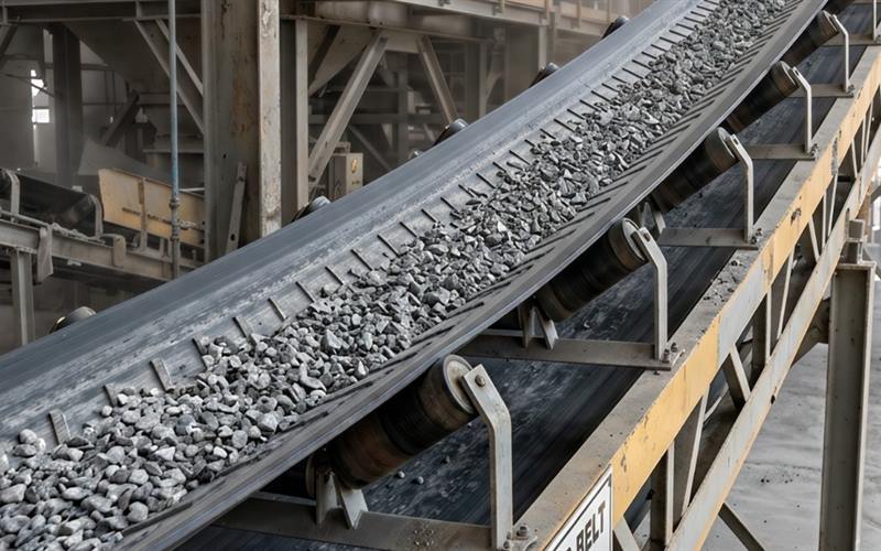 Inclined conveyor belt loaded with crushed stone, running on its carrying idlers