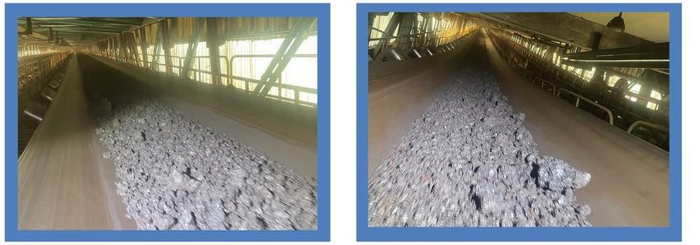 Deux vues de galeries de convoyage couvertes, bandes chargées de matériau en morceaux