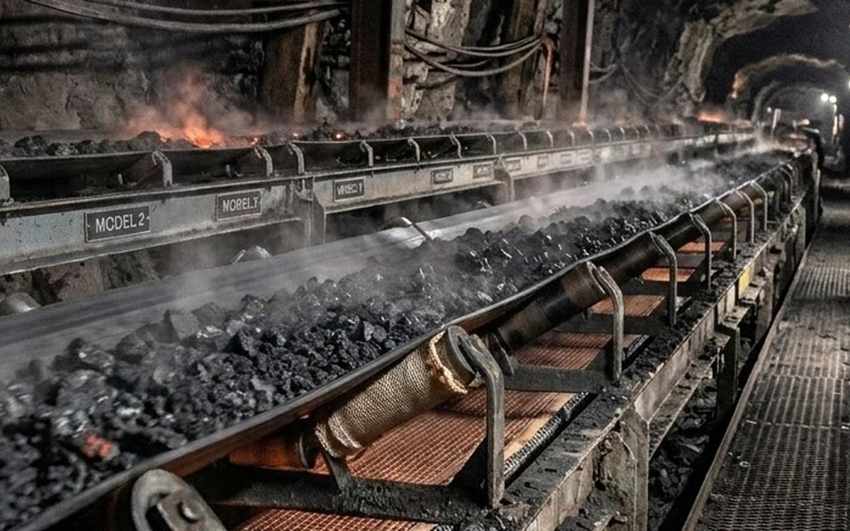 Belt loaded with smoking coal in an industrial gallery